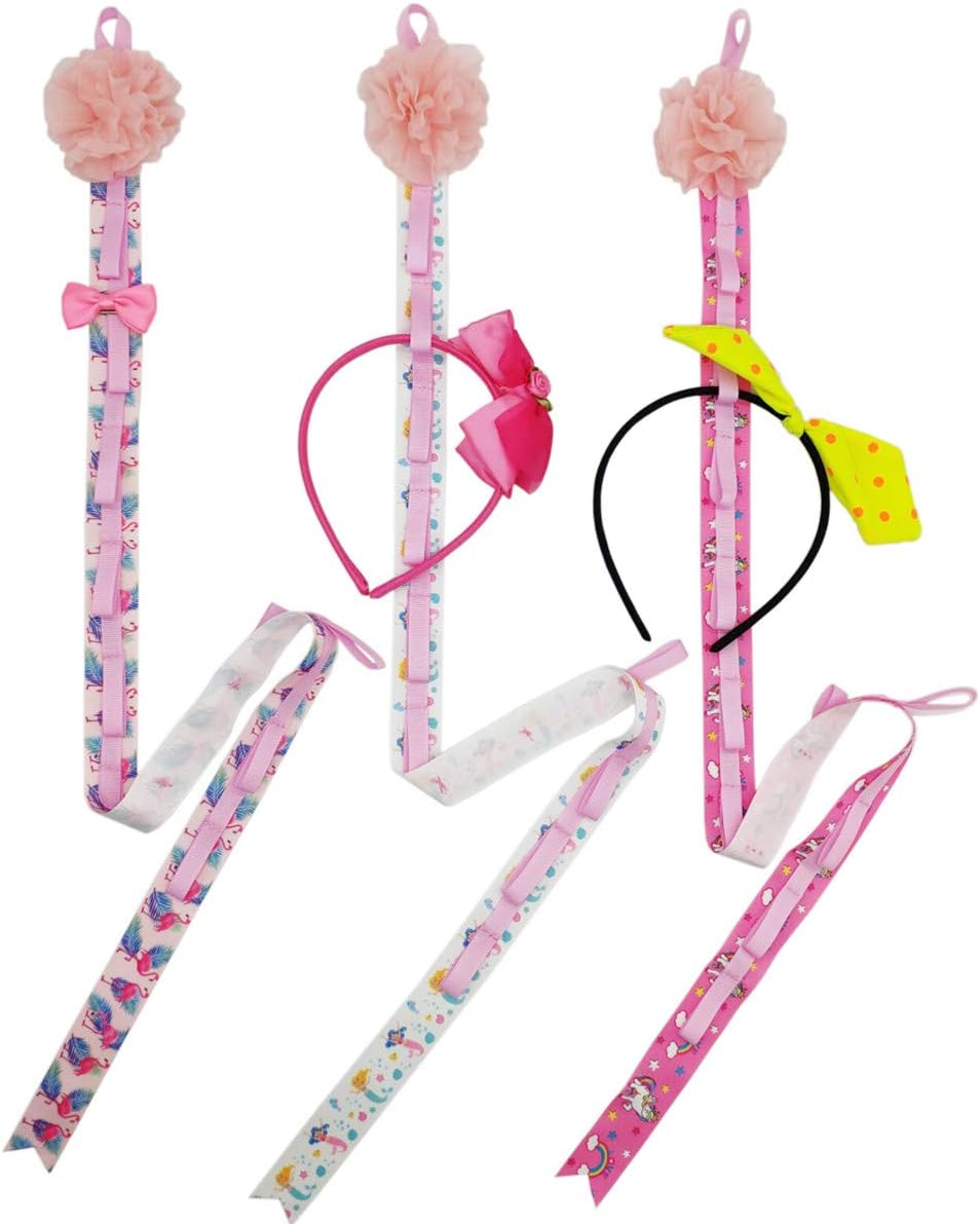 Hixixi 3 PCS 32" Lace Flowers Long Ribbon Headband Hair Clip Hair Bow Holder Storage Organizer for Baby Girls (Mix Flowers)