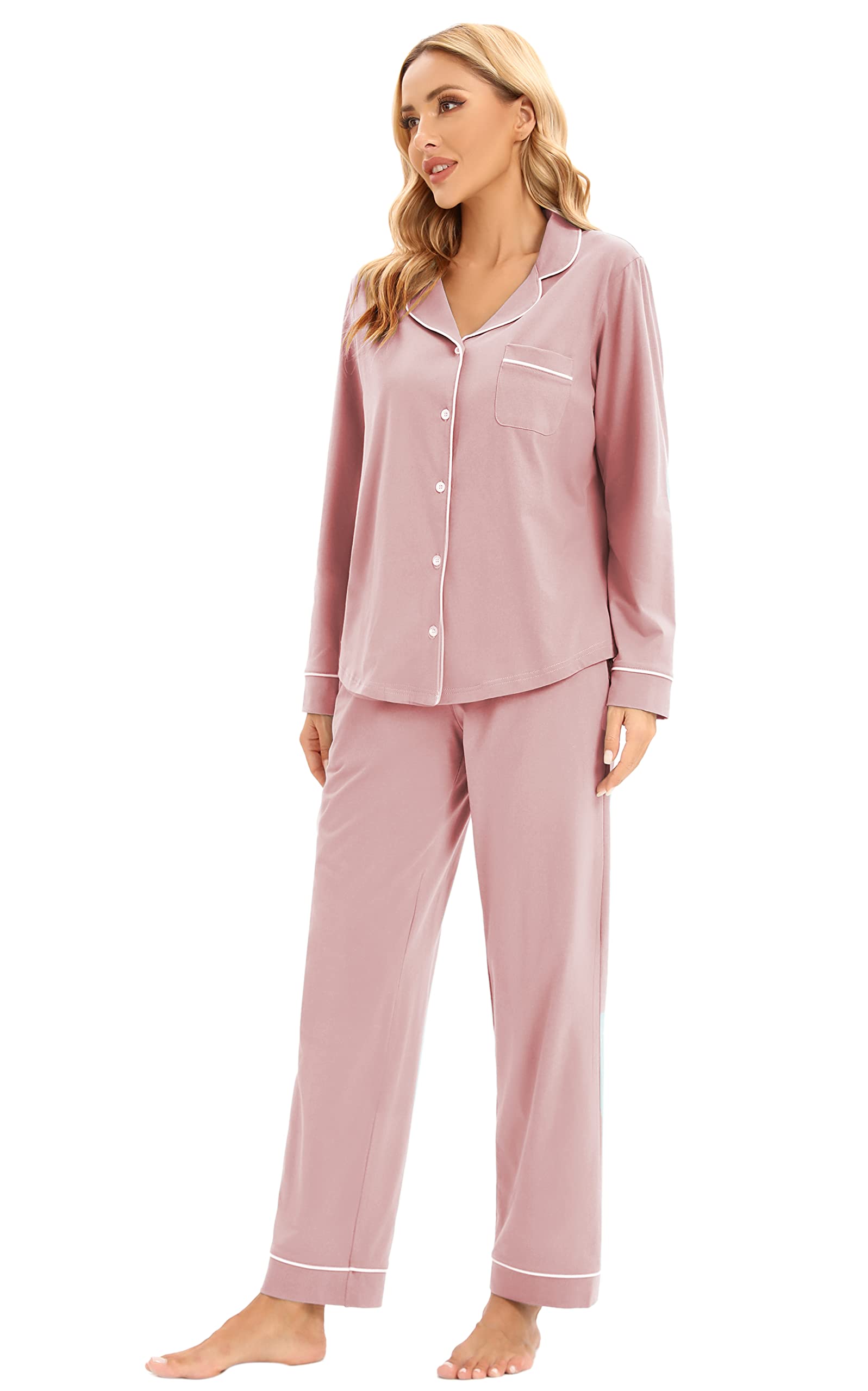 LUBOT Pigiama da Donna in 100% Cotone, Maniche Inverno Lungho, con Bottoni, pygama in Due Pezzi per Donna, Abbigliamento da Notte da S a XXL, Rosa Polveroso, L