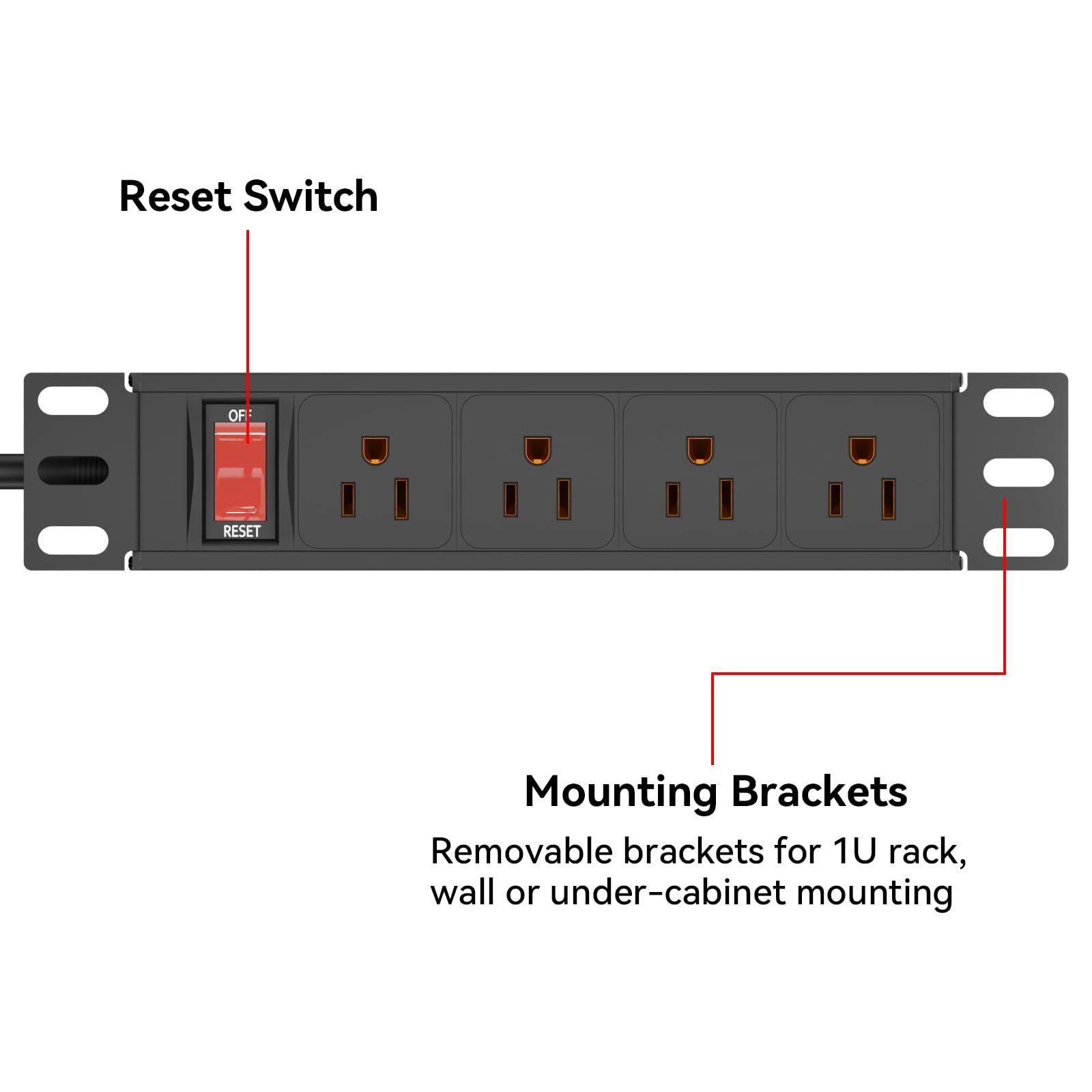 Unidad de distribución de energía para rack de 10 pulgadas, 1U (4 tomacorrientes) de 10 pulgadas, mini rack de 10 pulgadas, con protección (cable de 125 V/15 A, 6 pies), tira de alimentación para