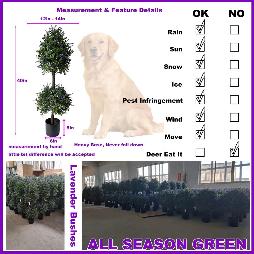 ALL SEASON GREEN Artificial Plants Topiary Tree, 40'' Purple Lavender Faux Flowers Potted Outdoor Plant, Front Porch Decor