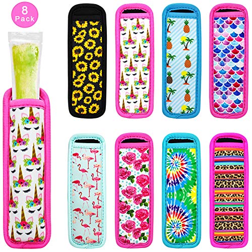 Hzran Ice Pop Sleeves, 8 Pieces Ice Pop Neoprene Insulator Sleeves, Freezer Popsicle Holder Sleeves, Colorful Ice Sleeves Holder Bag, Reusable Washable Ice Popsicle Holders for Kids (8 Pack)