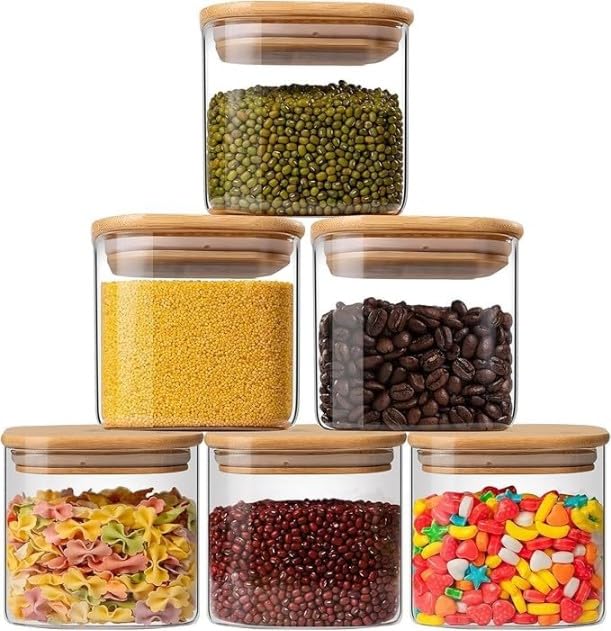 950ml Square Glass Jars with Bamboo Wooden Lid – Airtight Clear Food Storage Containers Set for Kitchen Pantry, Spices, Tea, Coffee, Sugar, Dry Fruits & Snacks , High Borosilicate Transparent Canister