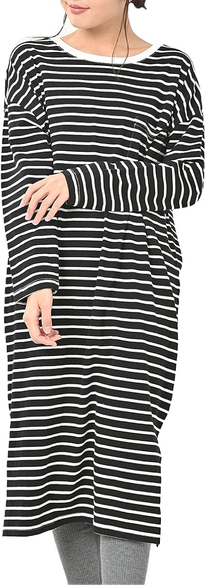 Amazon Co Jp Janjam 大きいサイズ レディース ボーダーワンピース 長袖 ロング丈 Uネック コットンワンピース Cotton100 服 ファッション小物