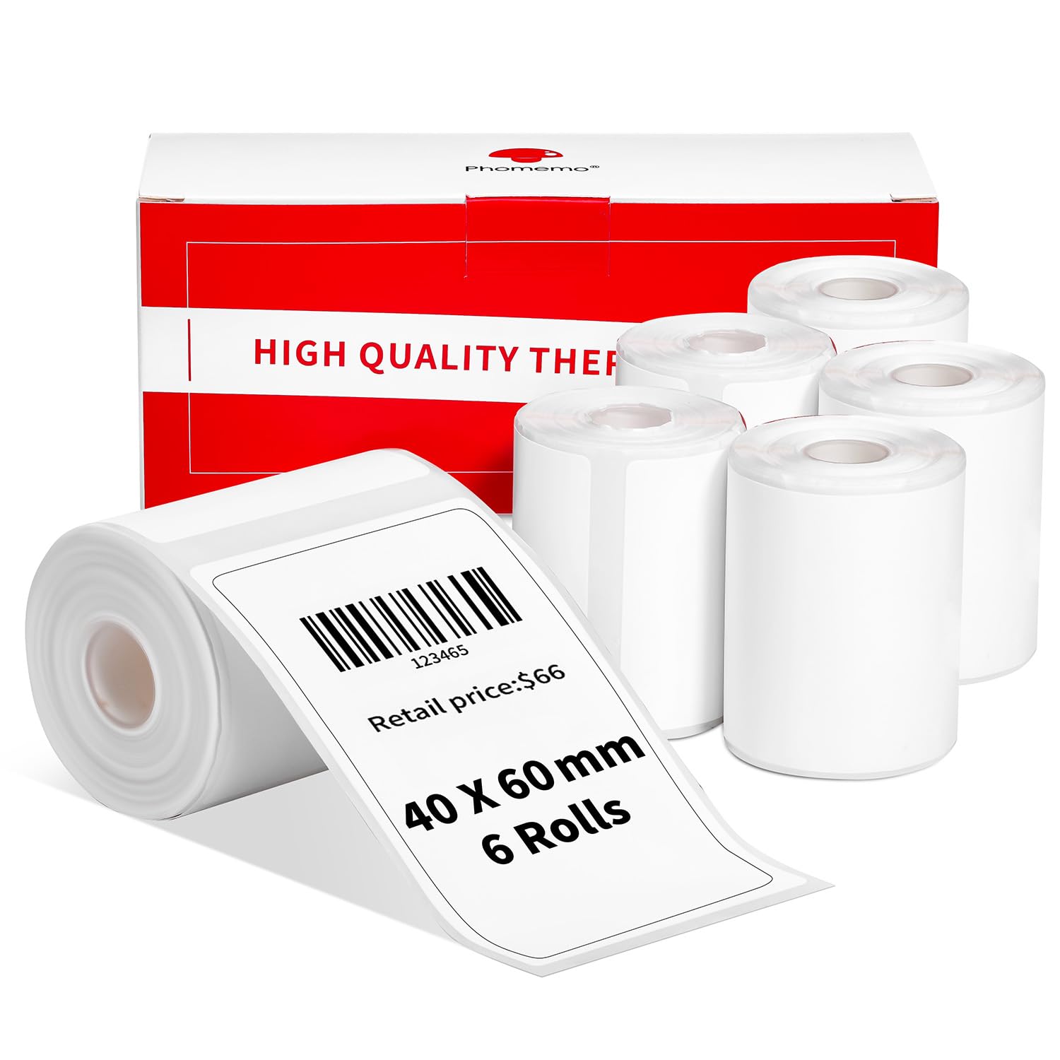 6 Rotoli di Etichette per Stampante Phomemo M120/M110, Confezione da 6, 50 x 80 mm, Etichette Autoadesive Termiche Dirette M110/M120/M220/M200,Codice a Barre, Indirizzi, Abbigliamento