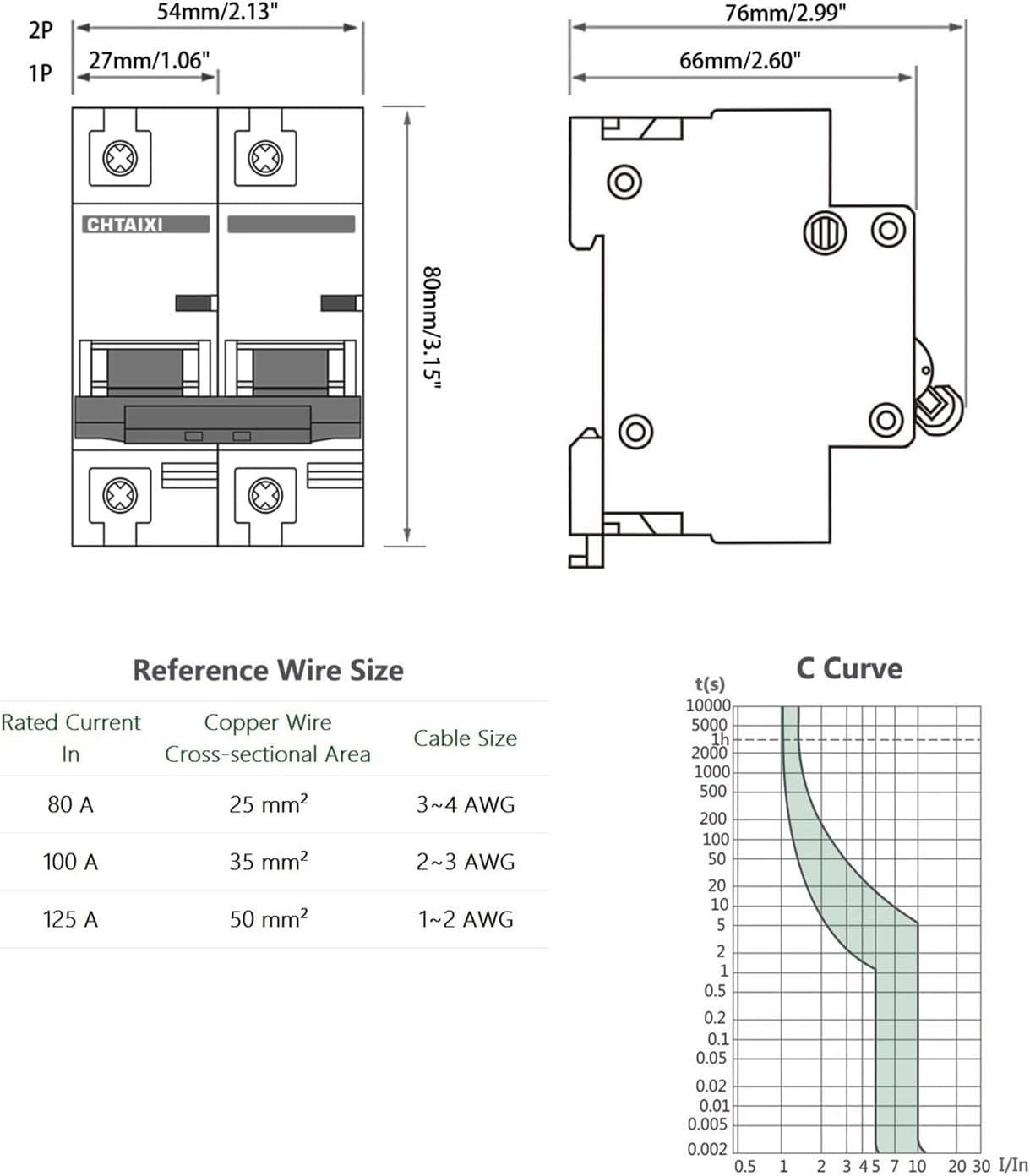 AC Miniature Circuit Breaker, 100 Amp 120V/240V 2 Pole DIN Rail Mount Circuit Breaker, Thermal Magnetic Trip, Solar AC Disconnect Switch MCB 2P C100(47N125_80 AMP)