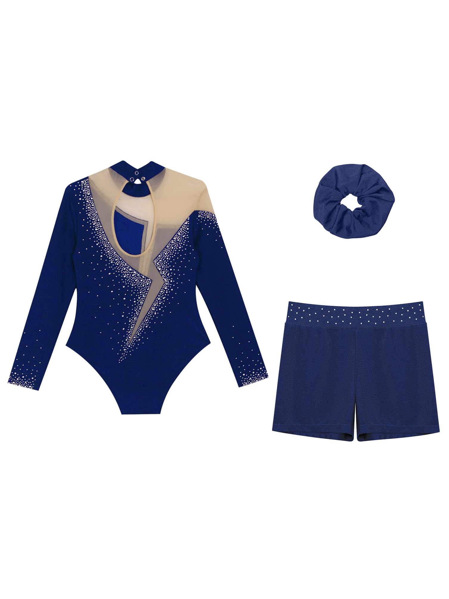 dPois 3 Pièces Enfant Fille Ensemble de Gymnastique Justaucorps Strass Short et Elastique Chouchou Spectacle 5-16 Ans