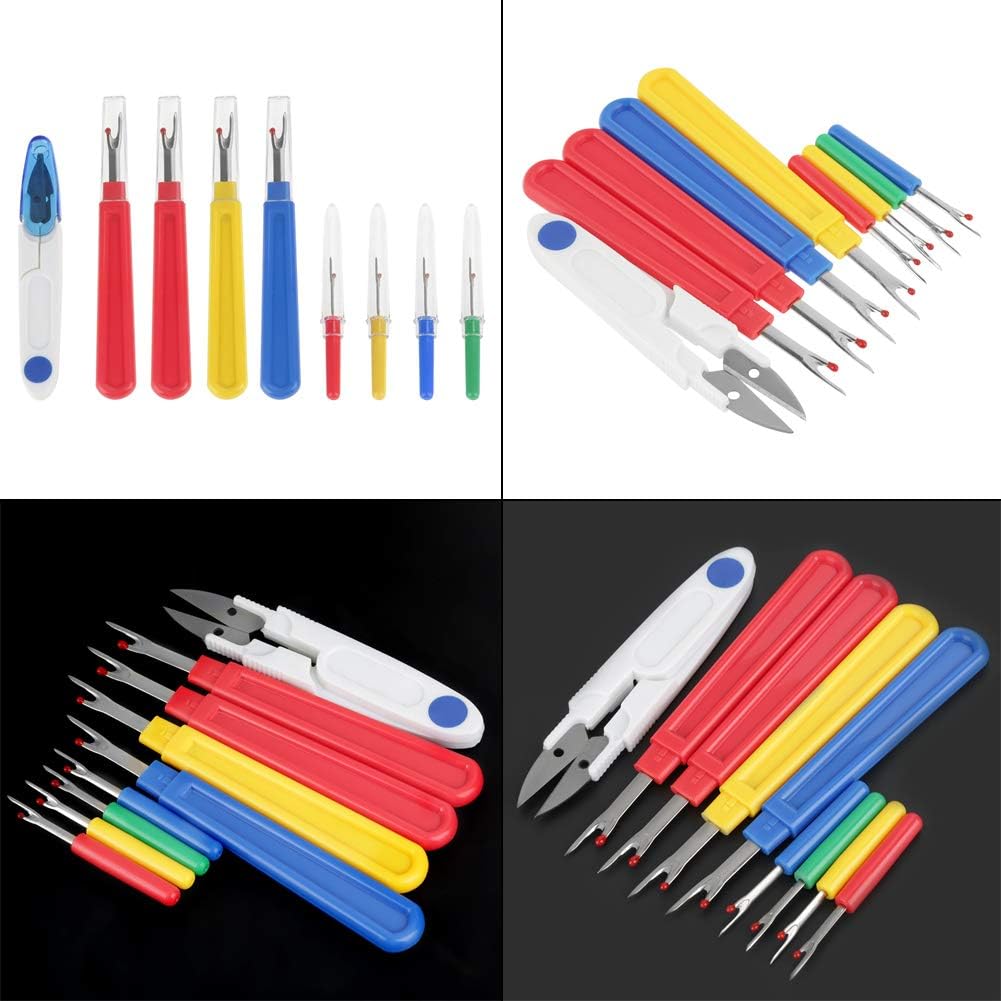 Rengue 9 in 1 Thread Cutter Seam Ripper, Plastic Handle Stitch Sewing Unpicking Tool Craft Set, with Metal and Transparent Cover for Sewing Work