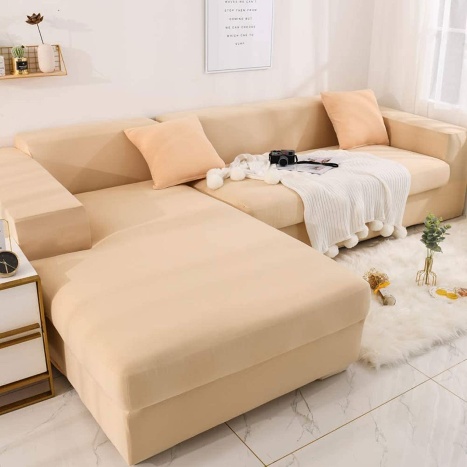 MGEMJMJ Stretch L Shape Sofa Cover,Slipcover Couch 1 Piece Couch Cover,Sectional Couch Covers Jacquard Fabric Sofa Slipcover(Size:sofa 190~230cm(75~91inch),Color:Camel)