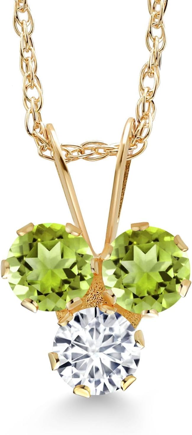 Gem Stone King 14K Yellow Gold Green Peridot and White Lab Grown Diamond 3-Stone Pendant Necklace For Women (0.34 Cttw, Gemstone August Birthstone, Round 3MM, 18 Inch Chain)