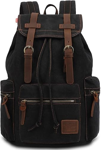 Mochila de lona para mujeres y hombres, estilo vintage, al aire libre, casual, mochila de viaje con cordón, mochila de viaje grande, Negro -,