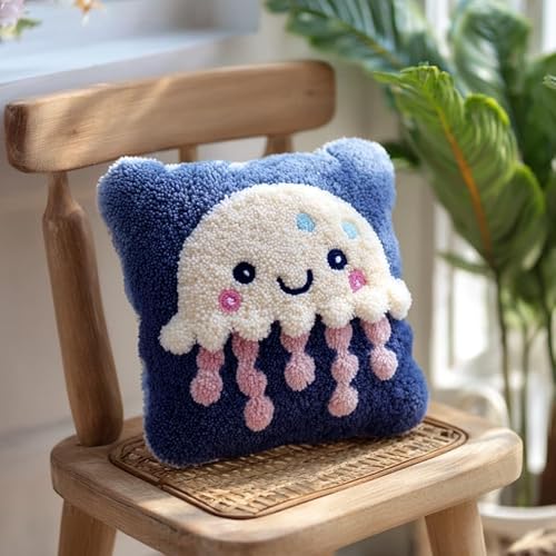 AxiangziK Latch Hook Cushion Kit 17x17in,Cartoon Jellyfish DIY Pillow Kit for Adults Beginners,Pre-Printed Canvas & Pre-Cut Yarn,Handmade Craft Cushion Cover Set
