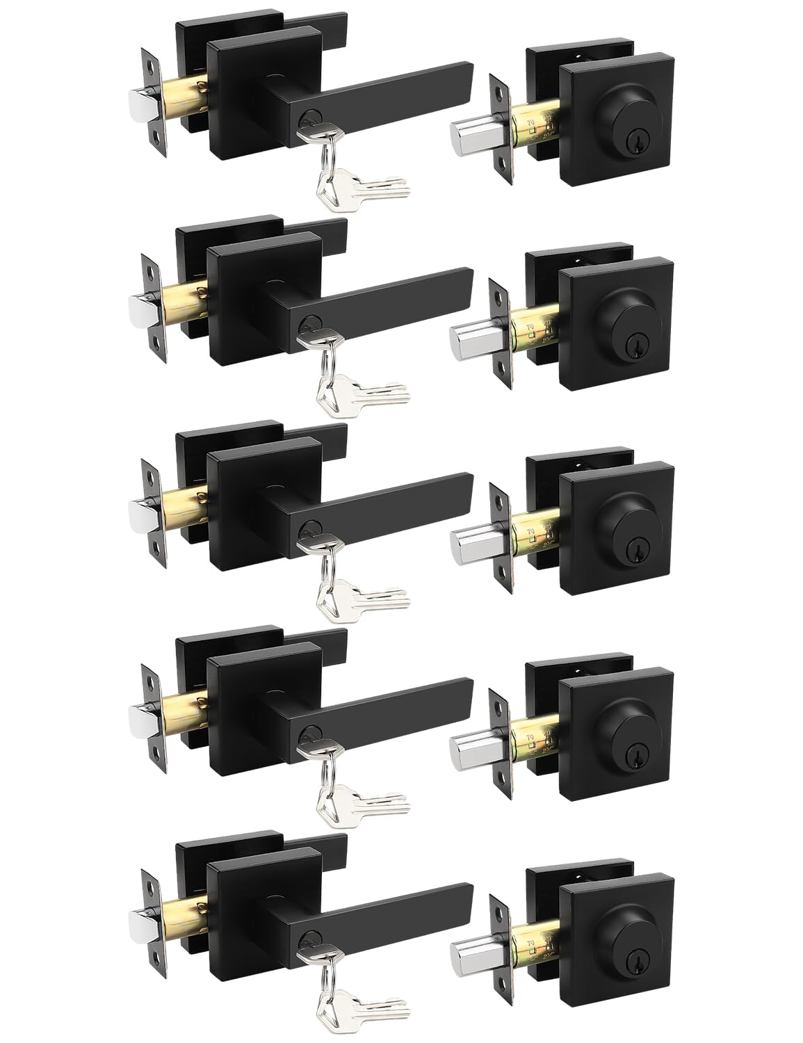 Tinewa 5 Pack Square Keyed Alike Front Door Levers with Single Cylinder Deadbolt, Flat Black Exterior Door Knob Lock Sets with Deadbolt Combination Sets, for Entrance/Front and Office Doors