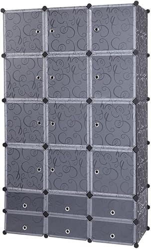 Miniatura 4 de Cffuvros 18-Cube DIY Plastic Closet Cabinet Storage Cube Organizer with Doors and Clothes Rod Stackable Closet Shelf for Bedroom Plastic Space Saver