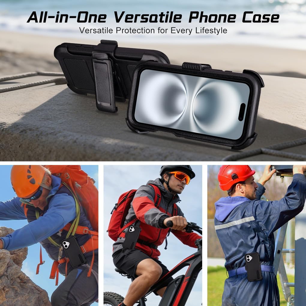 for Case iPhone 16 Case with Belt Clip Holster, Heavy Duty Protective Phone Cases for Work & Outdoor, Military-Grade Shockproof Cover with Kickstand Clip, Dustproof Port Protection (Black)