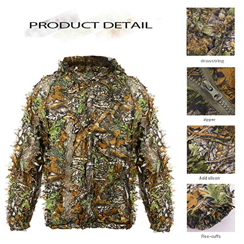 Ghillie Suit 3D Leafy Hooded Camouflage Clothing Outdoor Woodland Hunting Suit Sniper Costume Camo Outfit for Jungle Hunting, Military Game, Wildlife Photography, Halloween (Height 5.9-6.2 ft) - Thumbnail 6