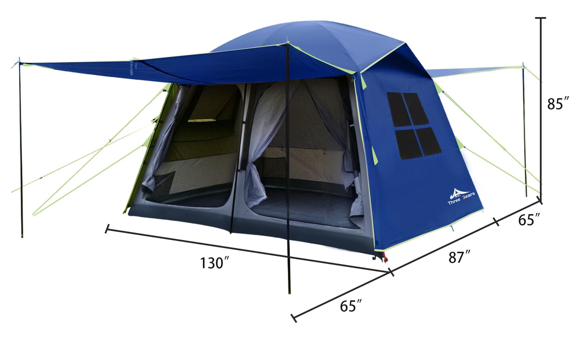 Three Bears 6-Personen-Zelt, 3000 mm wasserdicht, doppellagig mit Raumteilern, farbcodierten Schnallen, Vorzelte vorne & hinten als Sonnenschutz nutzbar – ideales Familienzelt für Camping & Outdoor.
