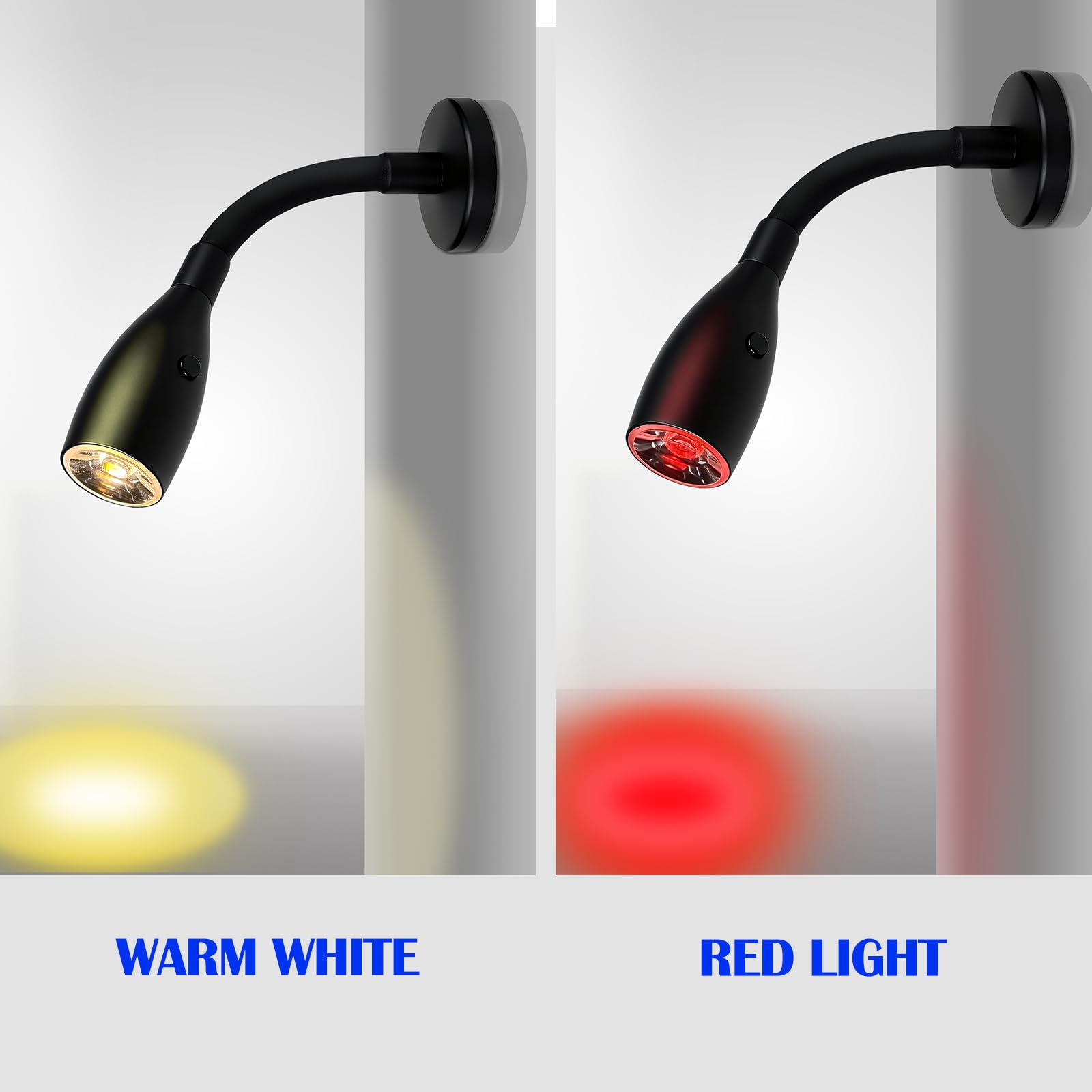 THALASSA Paquete de 2 luces flexibles de cuello de cisne de 12 V, color negro, luz de lectura para caravana, blanco cálido y rojo, modo nocturno, montado en la pared, luces debajo del gabinete, para