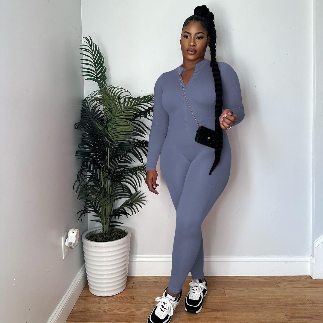 Mrskoala Women Long Sleeve Bodycon Jumpsuit One Piece Zip Up Romper - Image 4