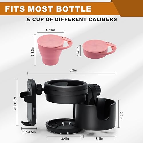 Miniatura 3 de Soporte universal para teléfono 3 en 1 para cochecito con soporte ajustable para teléfono, soporte doble para taza para silla de ruedas Walker (rosa)