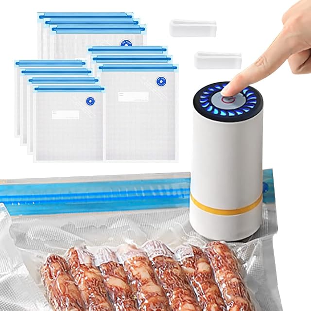 Portable Vacuum Sealer Set,Geliking Rechargeable Handheld Pump with 10 Reusable Vacuum Sealer Bags for Food Storage