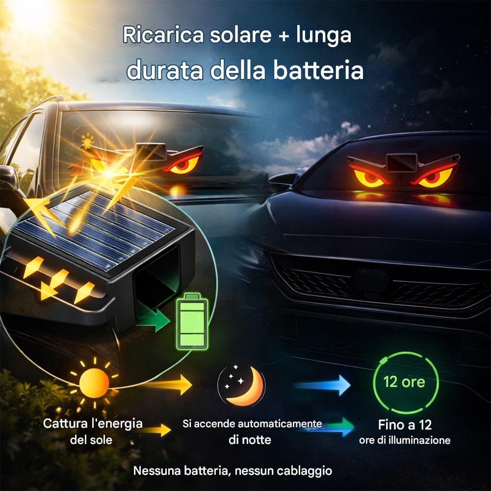 Confezione Da 2/4 Luci Led Solari a Forma Di Occhio Di Demone Per Finestrini Auto,Modalità Lampeggiante e Pulsante Attivate, Luce Ad Alta Luminosità Per Parabrezza Per Decorazione Auto (F)
