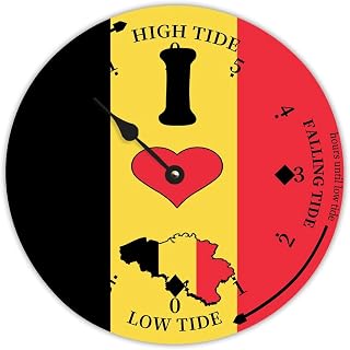 Rustic Wood Tide Clock Belgium Flags Ocean Time Wooden Clock Wood Moon Tidal Clock for Wall High and Low Tide Movement Clock for Seaside House Cottage Hotel Camping 15x15 in