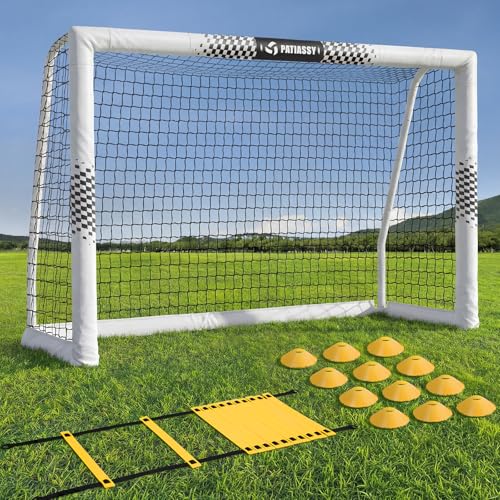 Patiassy Soccer Goal for Backyard, 6x4 FT Heavy Duty Soccer Net with Safety Foam Padded Metal Post, Durable Goals with Training Set Agility Ladder & 12 Cones for Youth & Adults Practice