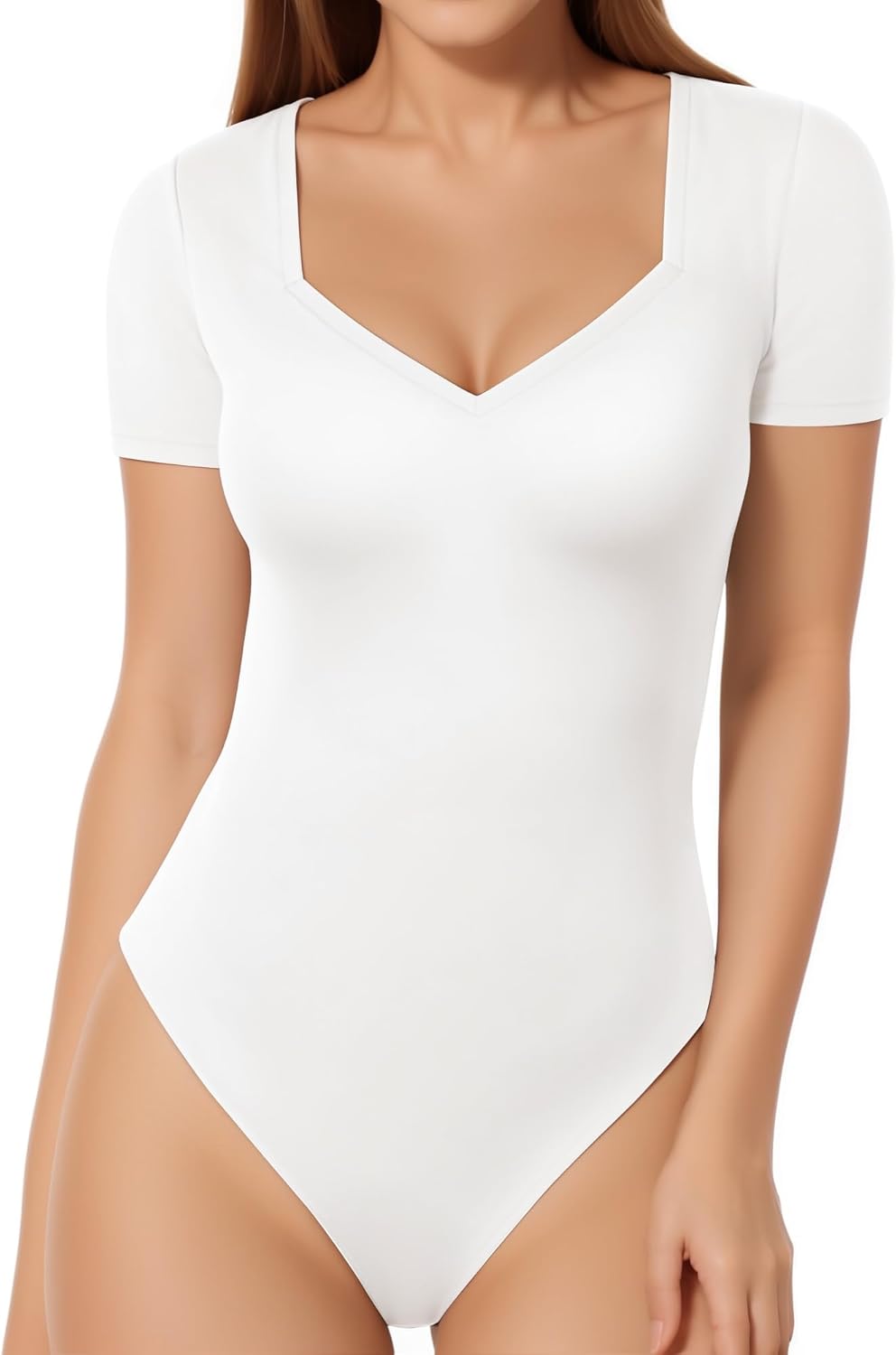 MANGOPOP Sweetheart V Neck Bodysuits for Women Long Short Sleeve Body Suits Tops Shirt