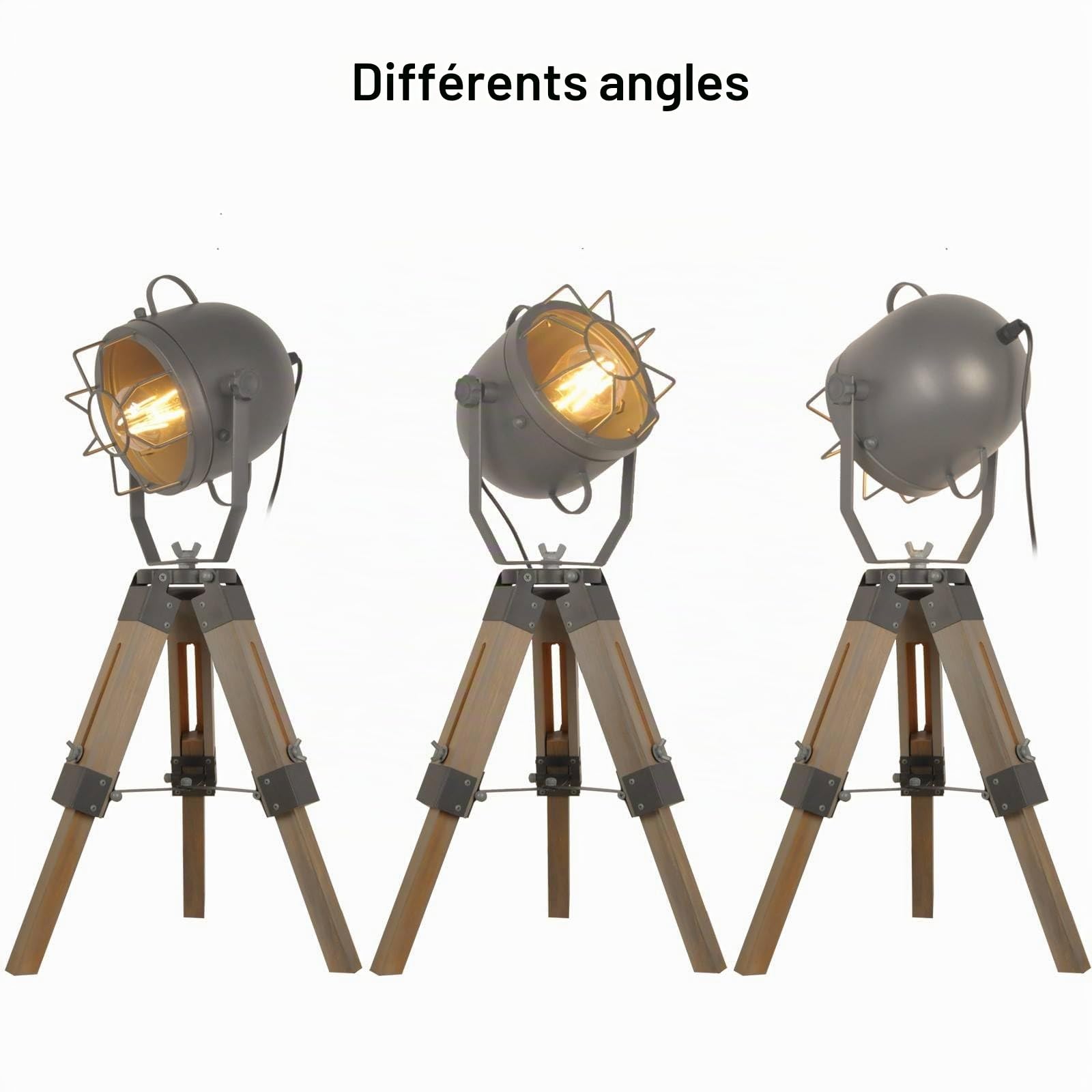 B·LED BARCELONA LED BarcelonaLED Lampe de Table Trépied Hauteur Réglable en Bois Design Vintage Industriel avec Projecteur Orientable Gris Culot E27 pour Chambre Tête de Lit Salon Studio