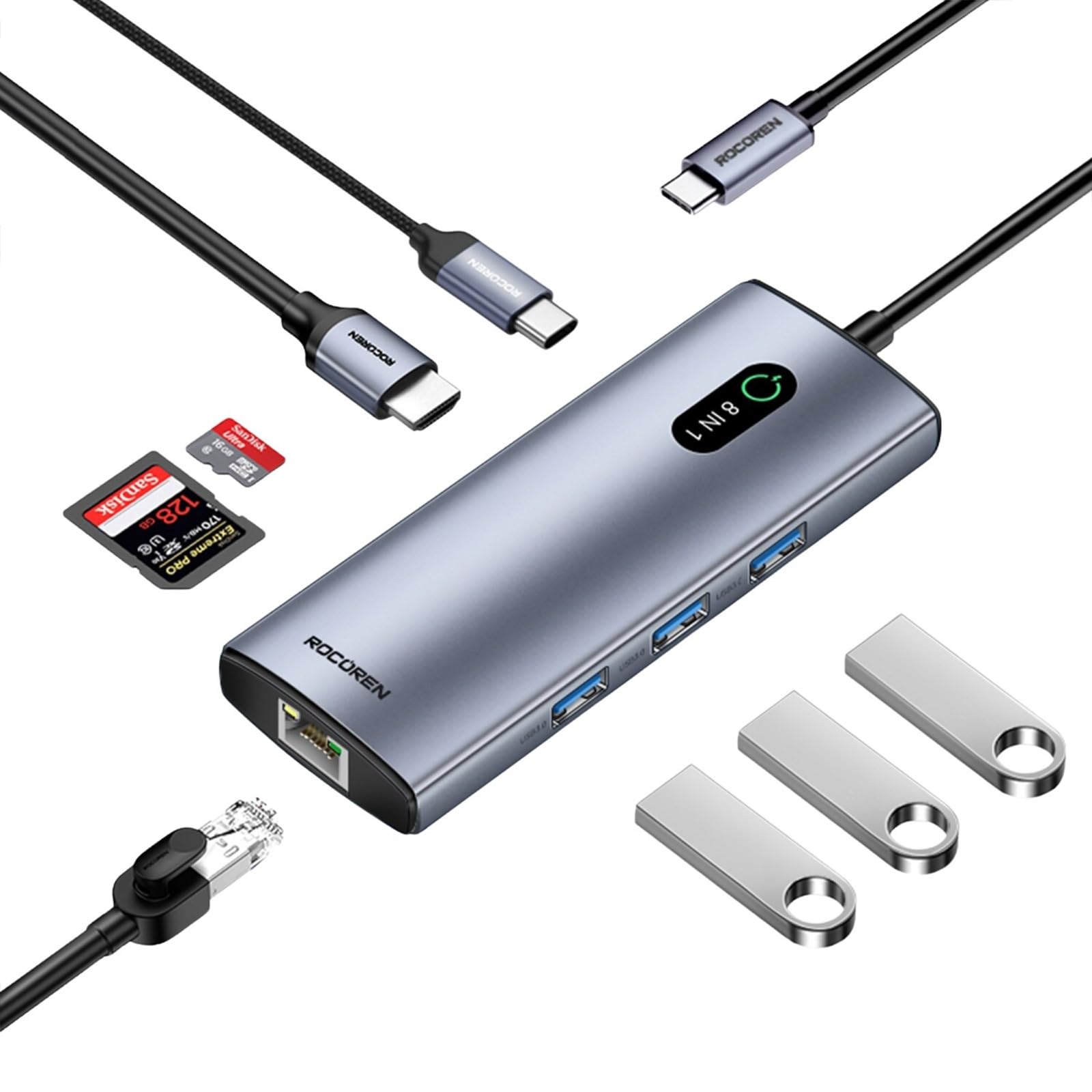 Rocoren 8 Portlu 4K 30Hz Gigabit Ethernet SD TF Kart Okuyuculu 3*USB3.0 PD 100W Destekli Hub Çoklayıcı