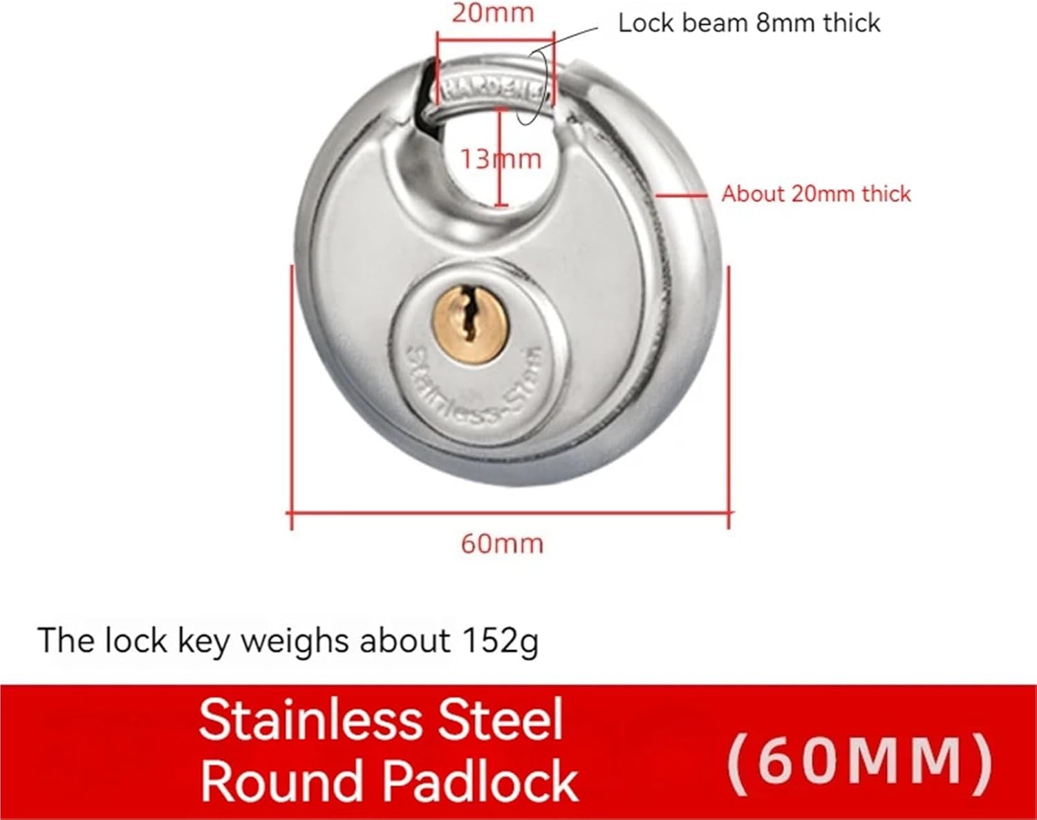 1Pcs 60mm Round Stainless Steel Heavy Duty Key Lock Security Padlock Outdoor Safely Door Lock