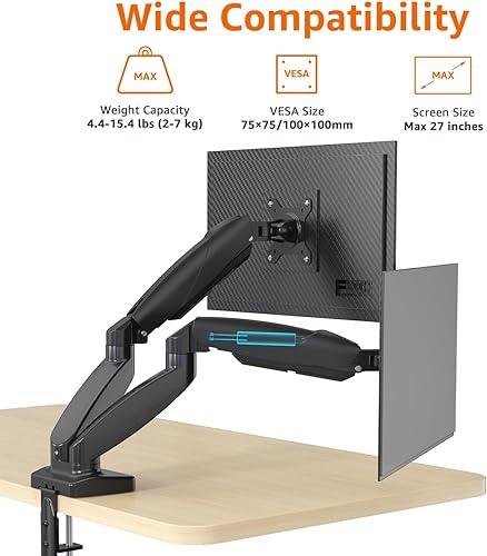 Miniatura 3 de Amazon Basics Gas Spring Dual Computer Monitor Arm Desk Mount, Adjustable, Holds up to 27" Monitors, Black