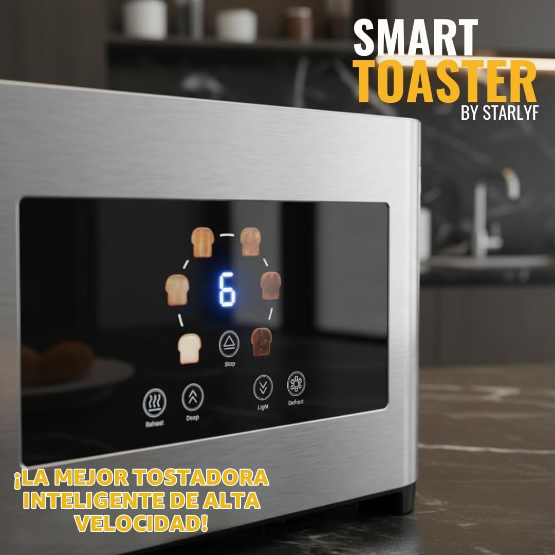 STARLYF Smart Toaster, Tostadora 2 Rebanadas con Pantalla Táctil LED, Ranuras Extra Anchas, 6 Niveles, Funciones Recalentar/Descongelar/Parada, Acero Inoxidable