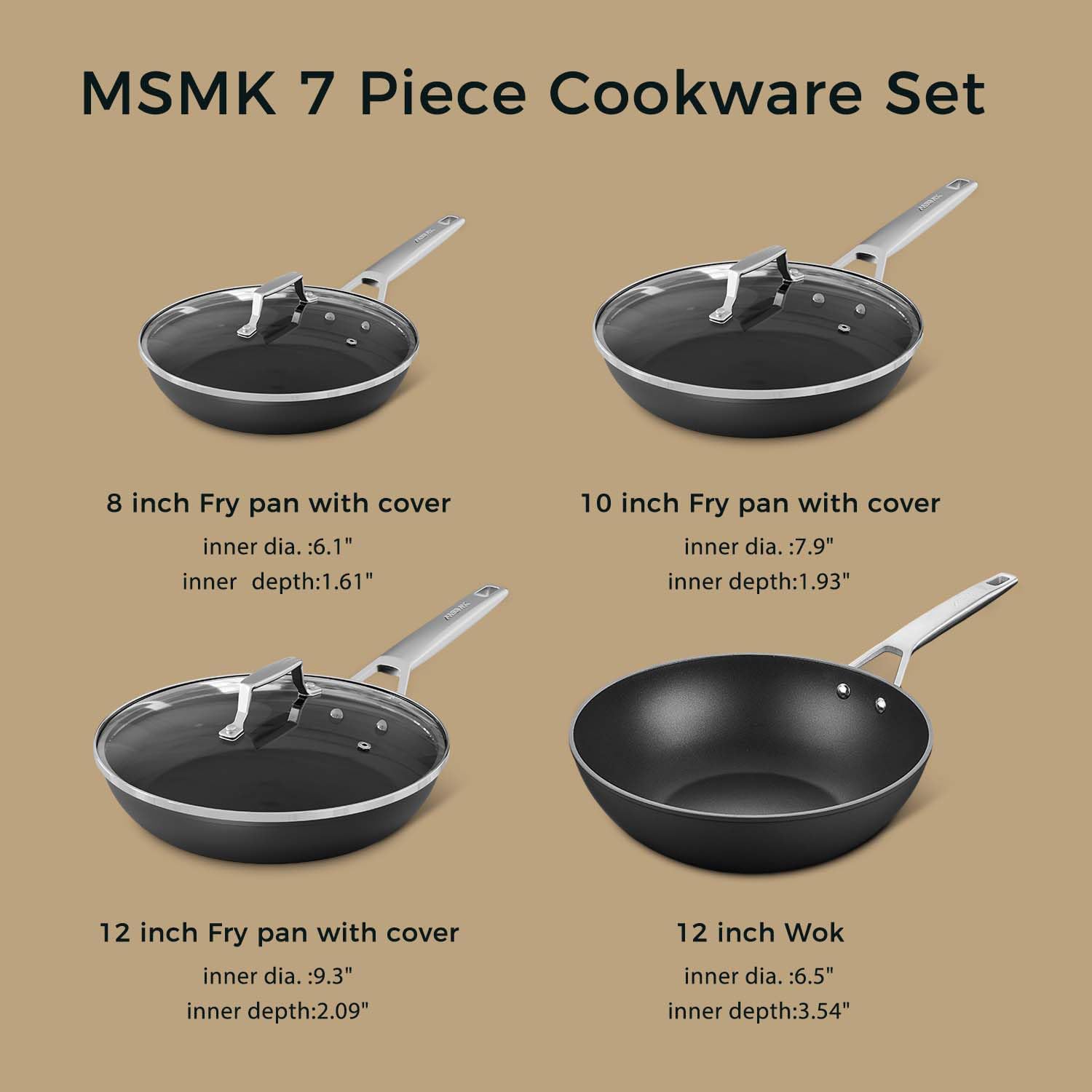MsMk Non Stick Pans Set 7-Piece, 8, 10, 12 Inch Frying Pans and 12 Inch Induction Wok with Tempered Glass Lids, PRO Heat Distribution, Stay-Cool Handles, Oven Safe 700℉, Compatible with All Cooktops