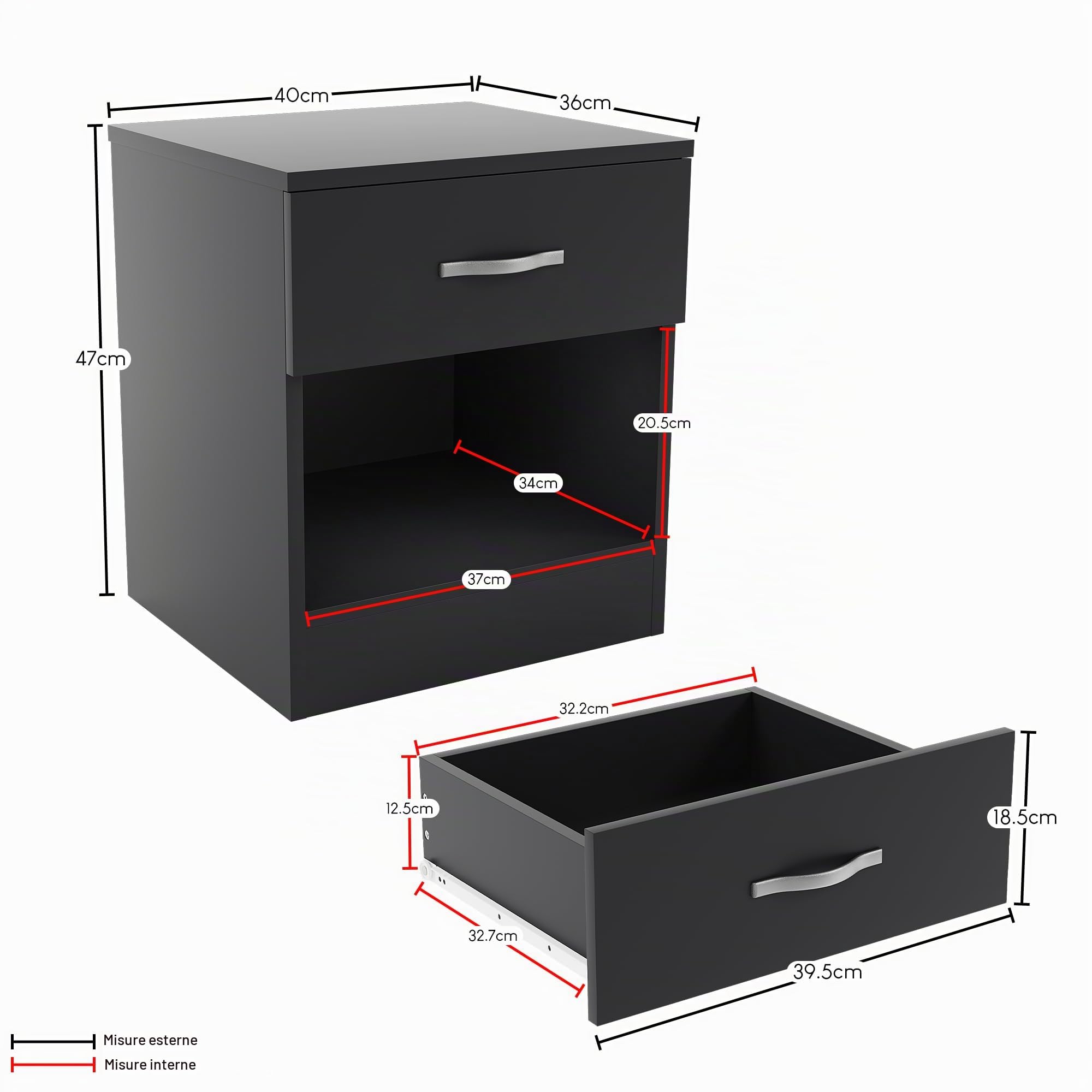 Vida Designs nero comodino, 1 cassetti con maniglie in metallo e corridori, sistema unico con guide, Riano mobili per camera da letto
