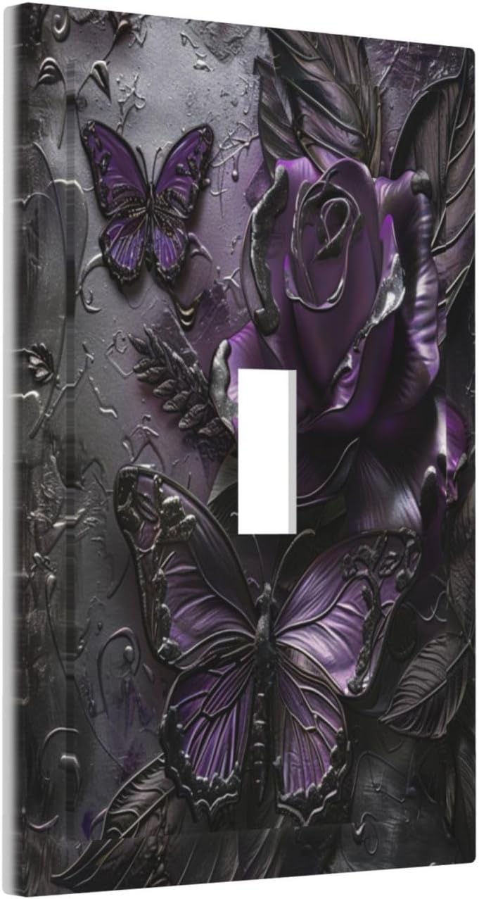 Decorative Switch Covers Plate Purple Rose Butterfly Flower 1 Gang Wall Plate Oversized Single Toggle Wall Cover Plate Jumbo Electrical Light Switch Plate Faceplate for Bedroom Home Decor