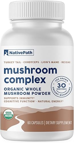 NativePath Complejo de hongos - Melena de león orgánica, cola de pavo, Cordyceps y Reishi - Polvo de hongos enteros para apoyo inmunológico, salud