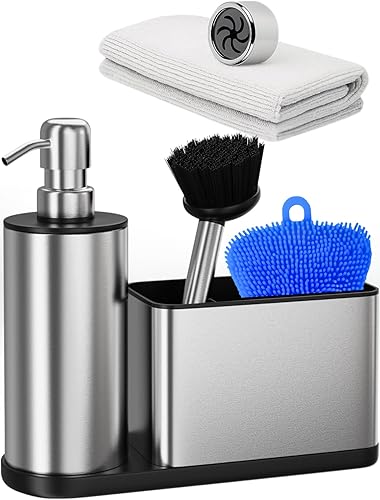 NEKEET Juego de dispensador de jabón de cocina todo en uno con soporte para esponja, dispensador de jabón para platos de acero inoxidable para
