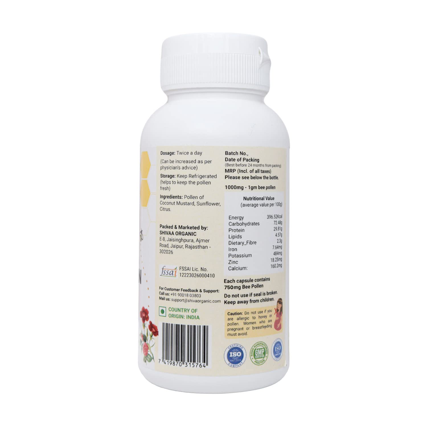 Shiva Organic Multiflora Bee Pollen Capsules - 100% Pure Natural - Plant Based Protein, immunity & Energy Booster | High in Vitamin & Minerals | daily Supplement (750 mg) — Amazon image 5