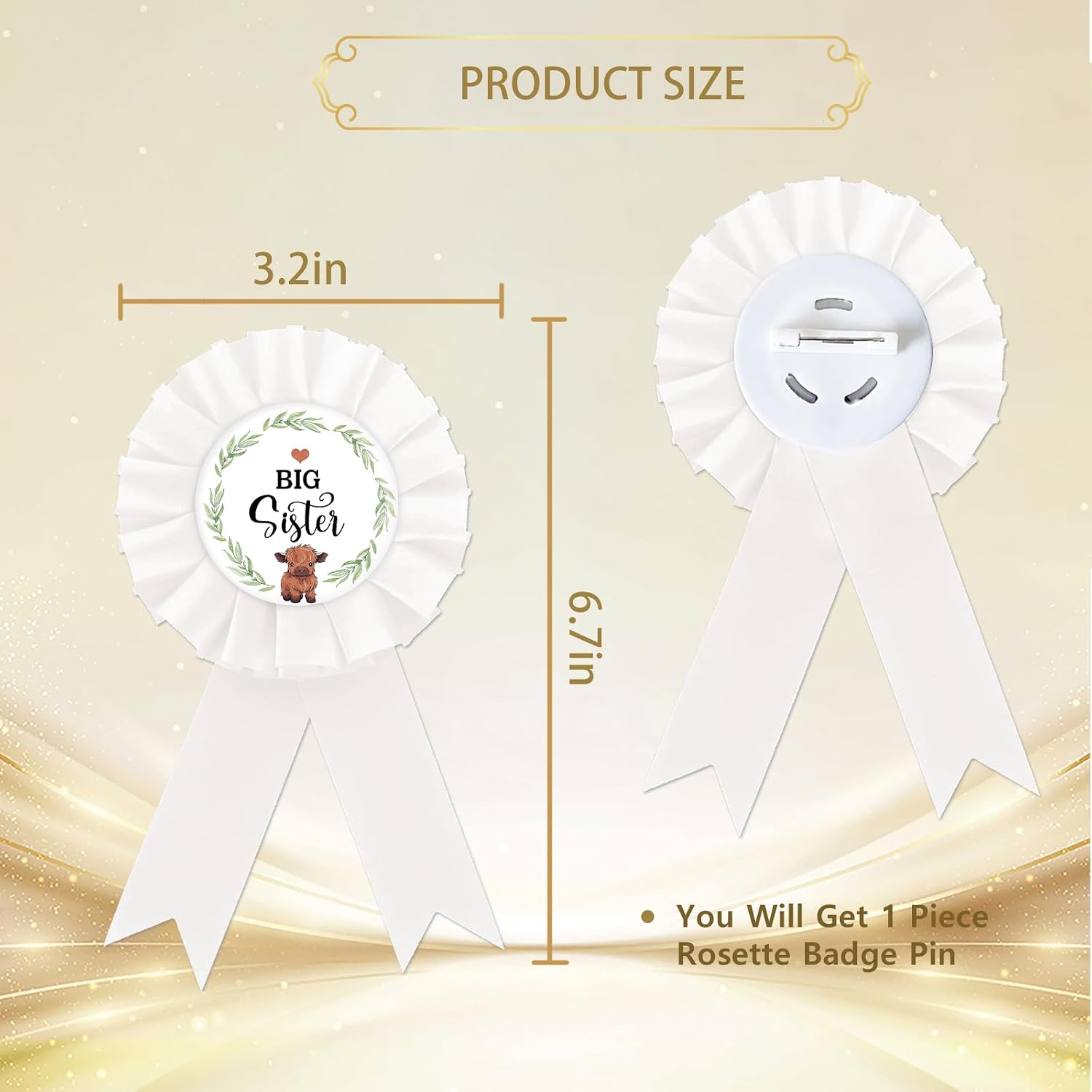 Highland Cow Big Sister Badge Pin, Highland Cattle Sister to Be Button Pin, White Rosette Farm Cattle Birthday Girl Award Ribbon Button for Girls, Western Baby Shower/1st Birthday Party Supplies