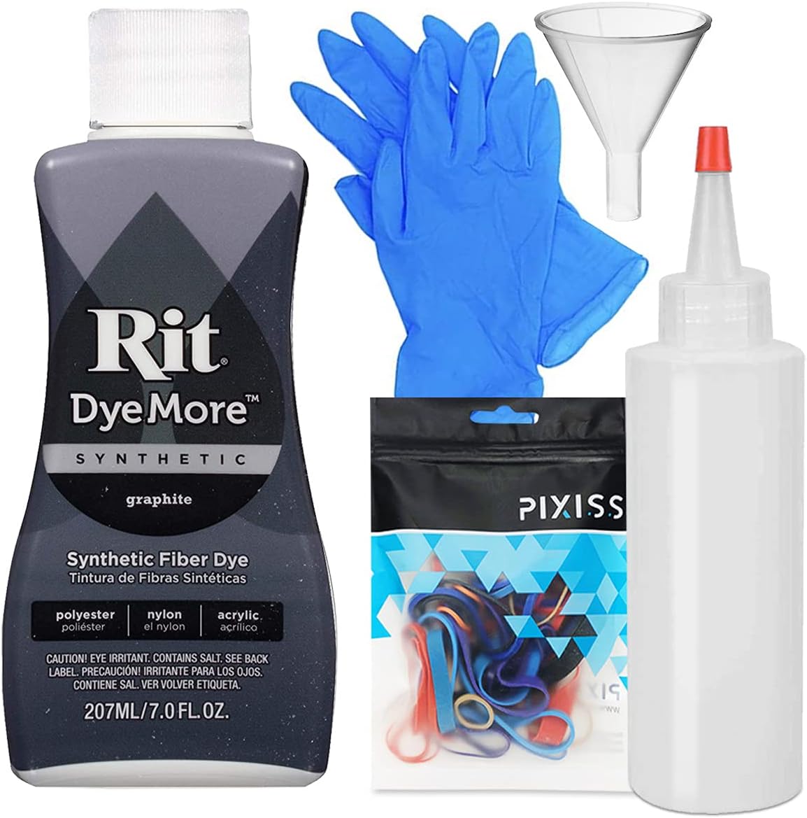 Rit Dye Liquid Graphite All-Purpose Dye (8oz) - Pixiss Tie Dye Kit and Accessories Set Bundle with Rubber Bands, Gloves, Funnel and Squeeze Bottle - Tie Dye Party Supplies