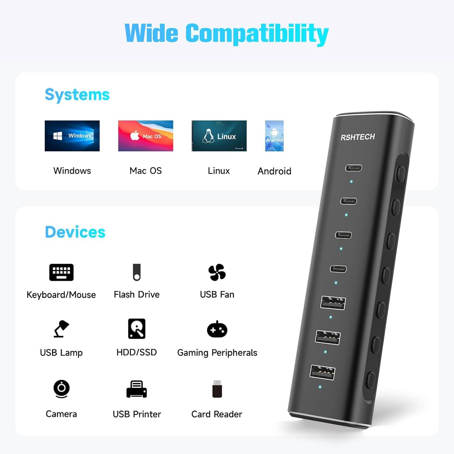 RSHTECH Hub USB C Alimentato, 7 Porte USB Hub 10Gbps con 4 Porte USB-C 3.2 e 3 Porte USB-A 3.2, Cavo da 3.3ft e Alimentatore 36W (12V/3A), USB 3.2 Hub in Alluminio per Laptop, RSH-H7C4
