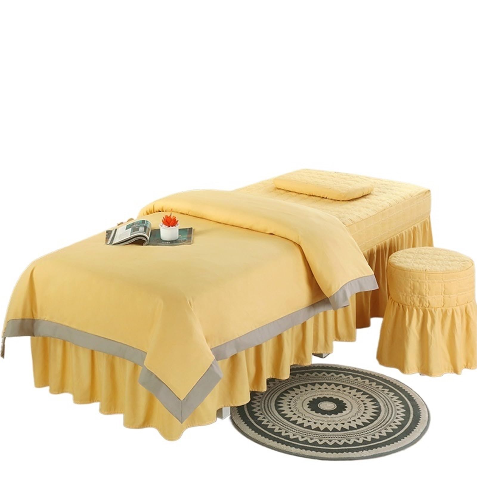 Beauty Salon Bed Cover Sets 4pcs Simple Style Massage Spa Bed Sheets Bedspread with Hole Pillowcase Stool Cover(Yellow,80x190cm)
