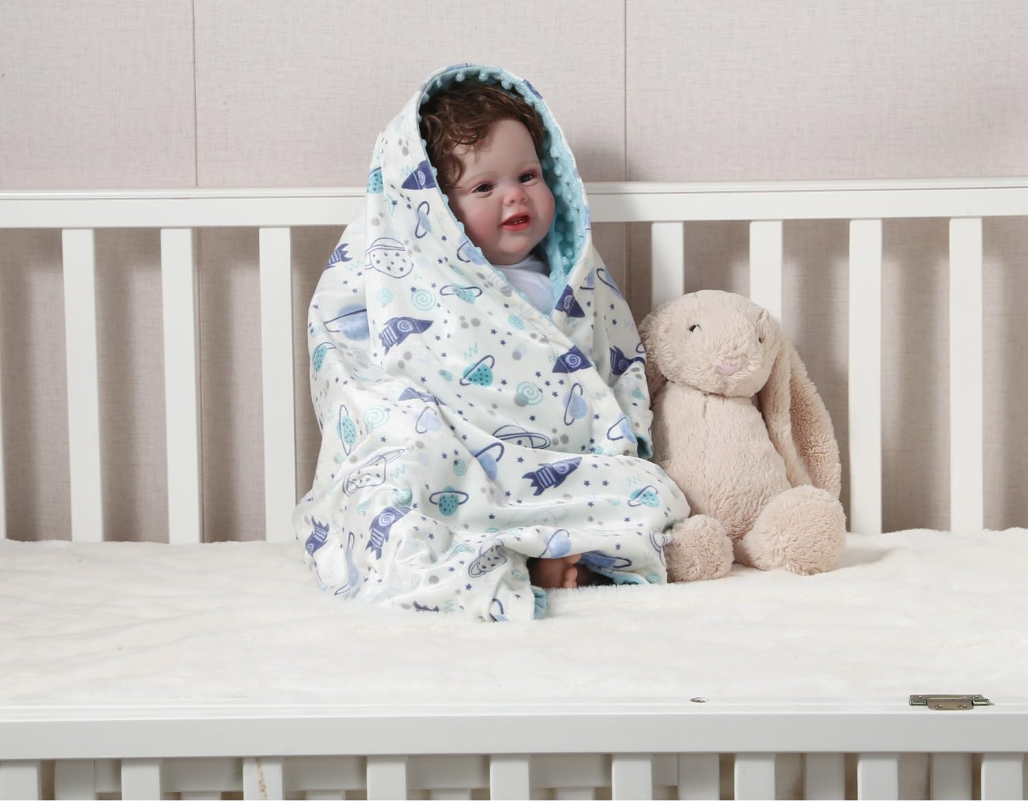 CREVENT Coperta per neonati morbida e confortevole, in poliestere, con retro a pallini, unisex, 75 x 100 cm, motivo: spazio