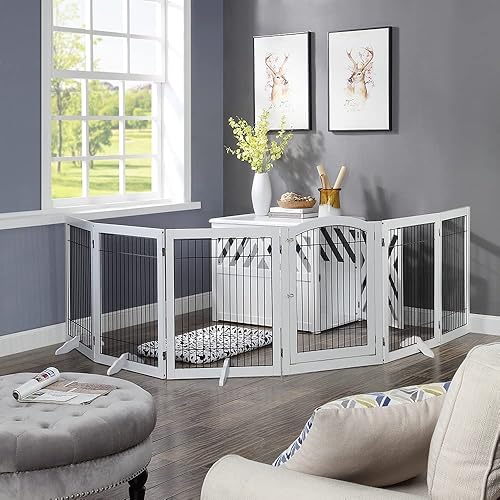 Miniatura 2 de Unipaws. Corral para mascotas con madera y alambre, 6 paneles extra anchos independientes, para puerta de perro con 4 pies de apoyo, escaleras