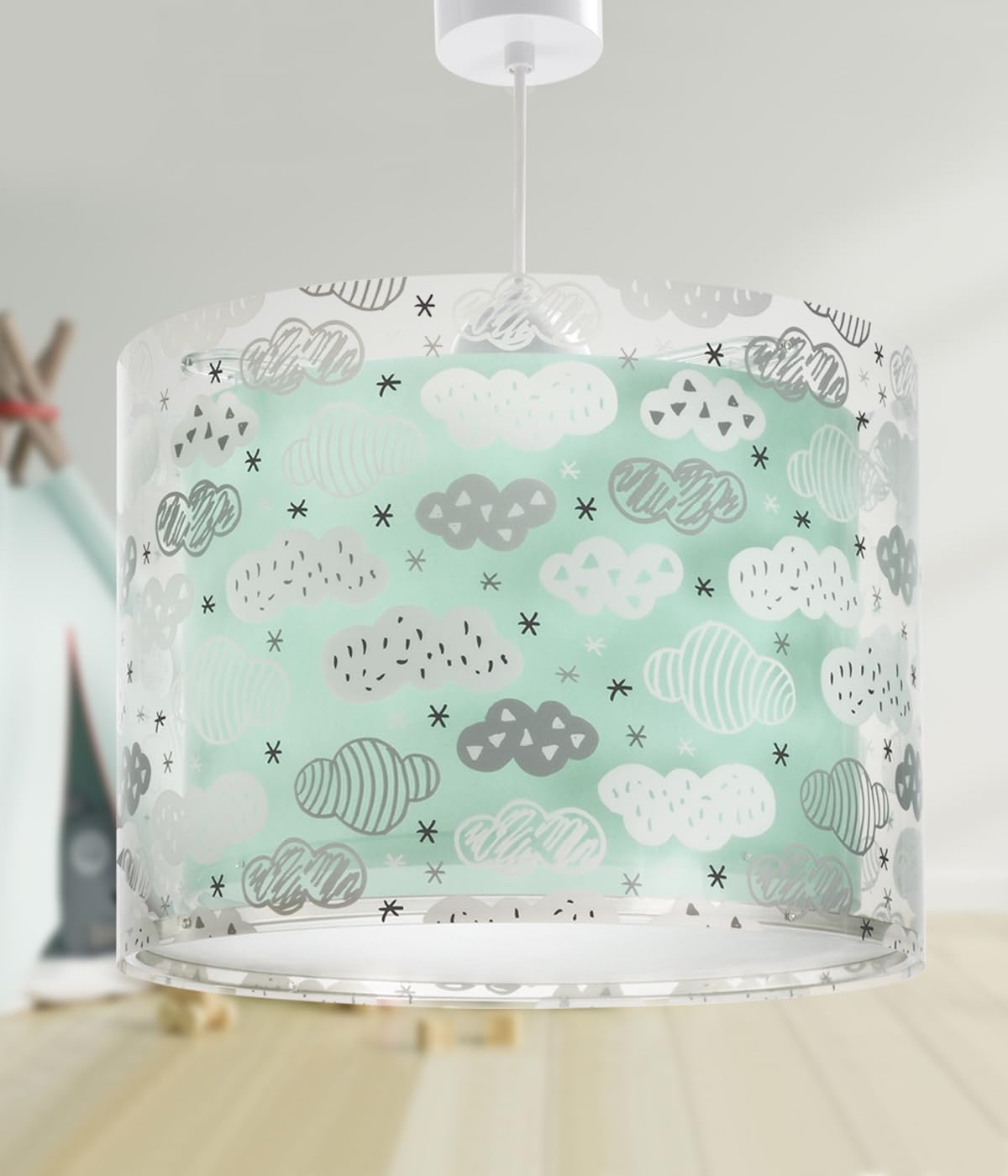 Dalber Lámpara Techo Colgante Infantil Clouds Nubes Verde Mint 41412MH E27 | Incluye difusor de luz inferior extraible; Habitación niños; lámparas infantiles