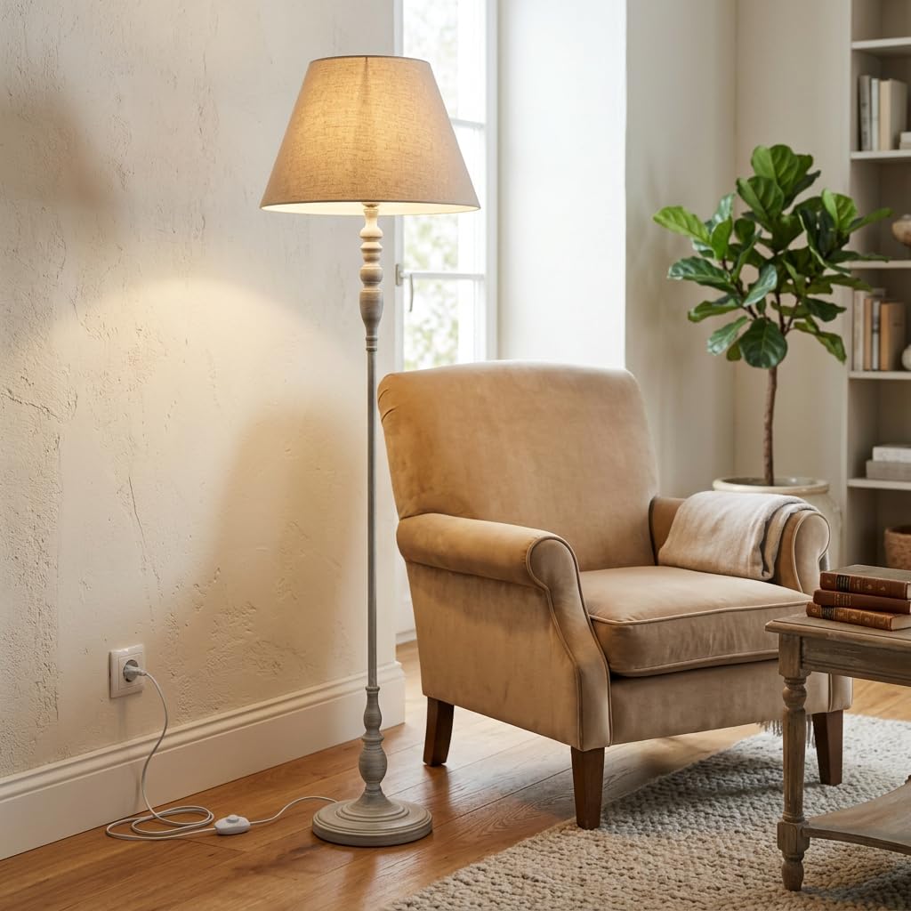 DiKasa Lampada da Terra Classica con Paralume in Tessuto Beige e Base in Metallo Grigio, Design Elegante e Minimal per Soggiorno Camera da Letto e Angolo Lettura 38x154 cm