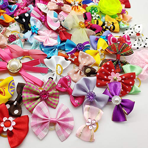 Hixixi 50Pcs/Pack Pet Cat Dog Hair Bows Multicolor Rhinestone Beads Flowers Topknot With Rubber Bands Puppy Hair Accessories Mix Color Random #TOP6