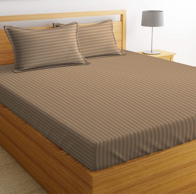 Image of BSB HOME 210 TC Premium Glace Cotton Striped /Lining Plain Bedsheet for Double Bed King Size with 2 Pillow Covers for Home-Hotels-Guest House- Beige