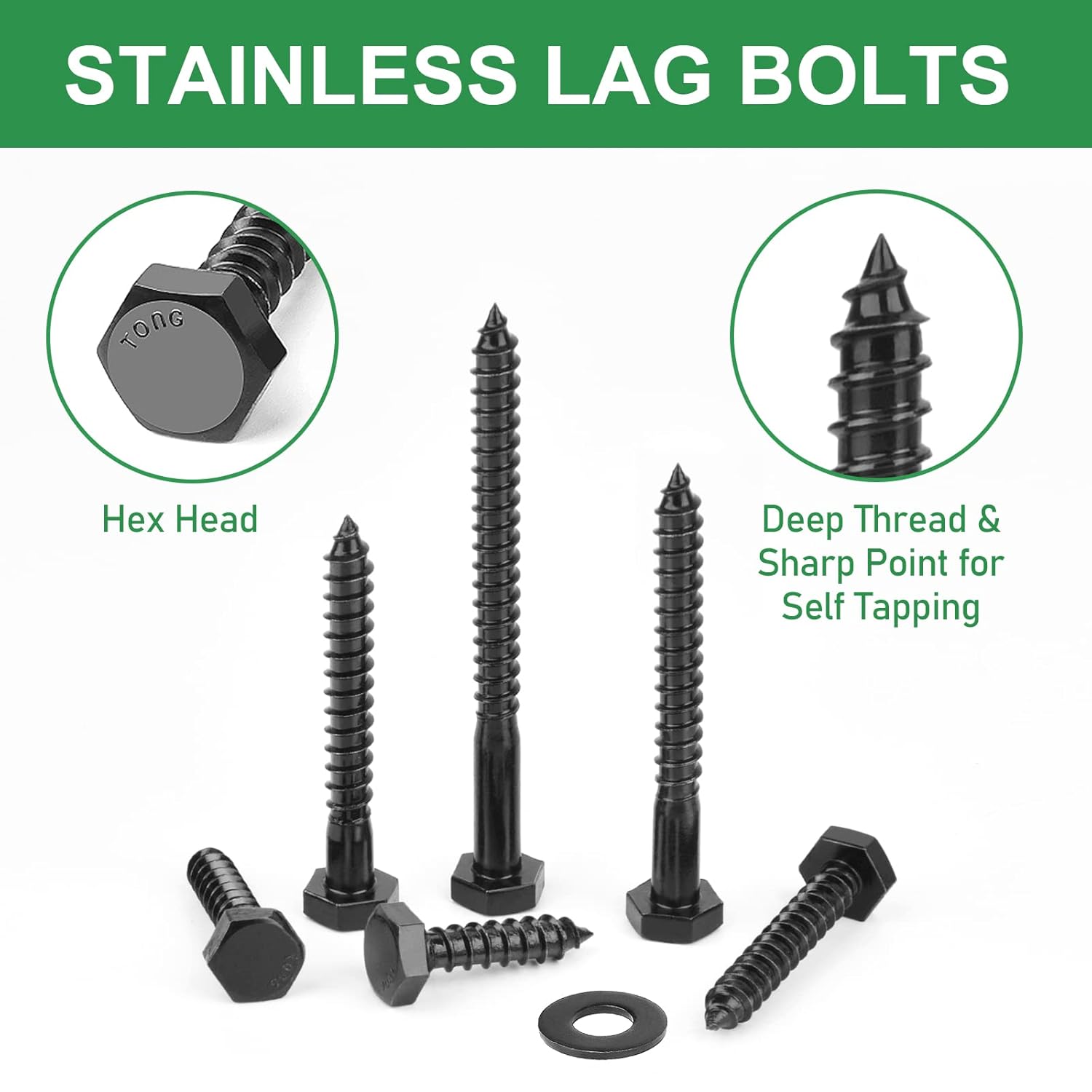 FOLIV 1/4” Hex Lag Bolts,137PCS 304 Stainless Steel 18-8, Black Oxide, Heavy Duty Hex Lag Bolts for Wood Lag Screws Washer Assortment Kit, Length from 1" to 3": Industrial & Scientific